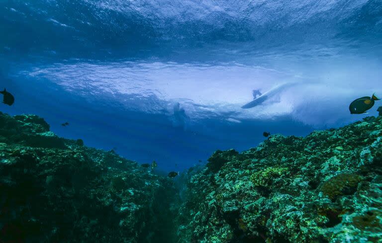 Un surfista atrapa una ola durante un día de entrenamiento antes de la competencia de surf de los Juegos Olímpicos