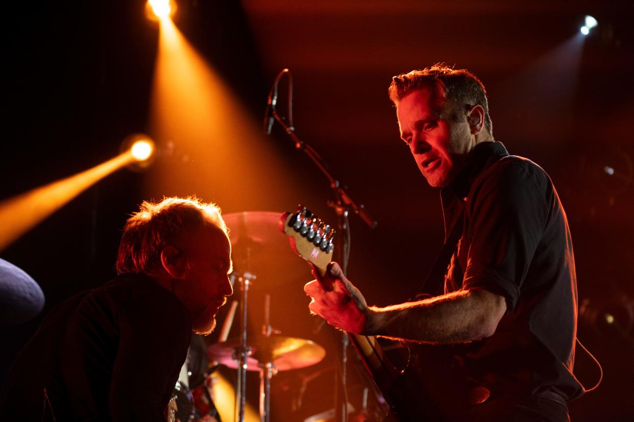 Nick Harmer, left, and Ben Gibbard perform with Death Cab for Cutie at Bridgestone Arena Monday night, April 29, 2024.