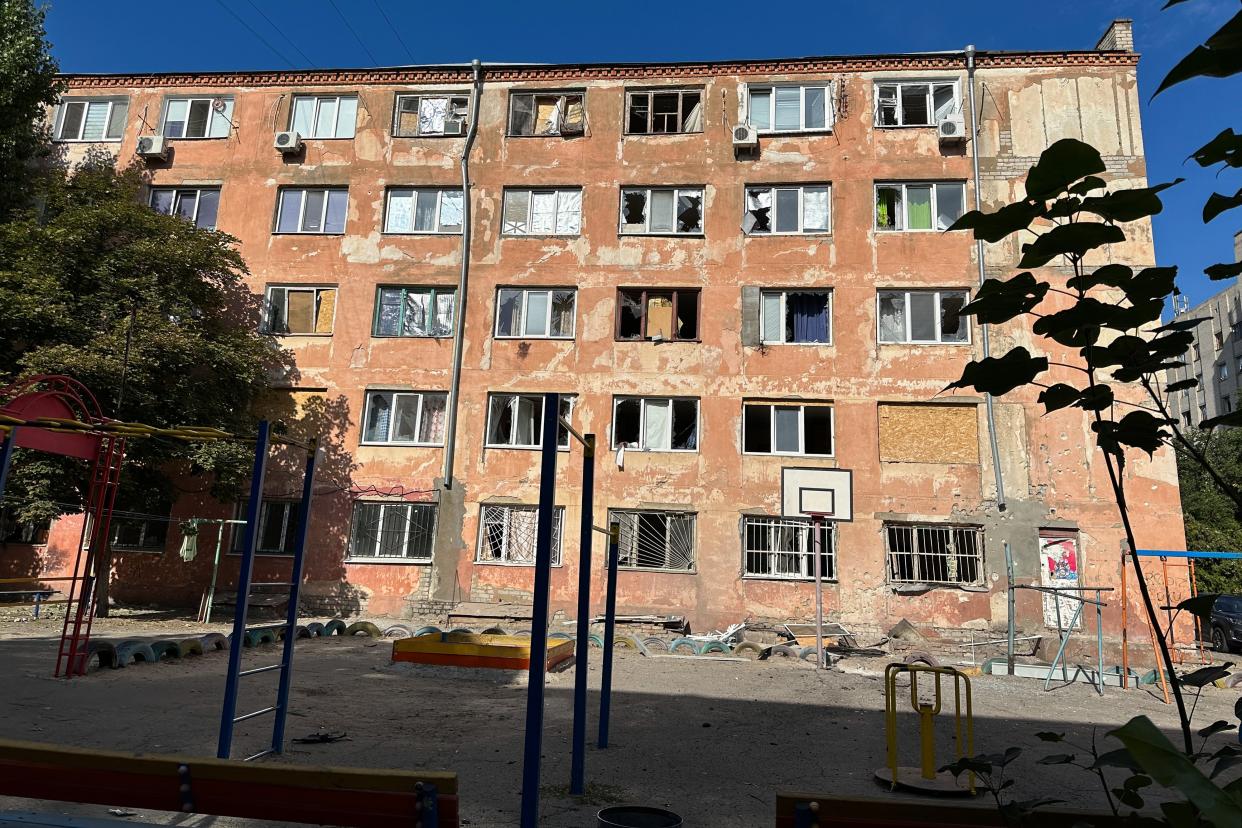 Broken windows are seen at hostel damaged as result of night shelling on September 21 (Global Images Ukraine via Getty)