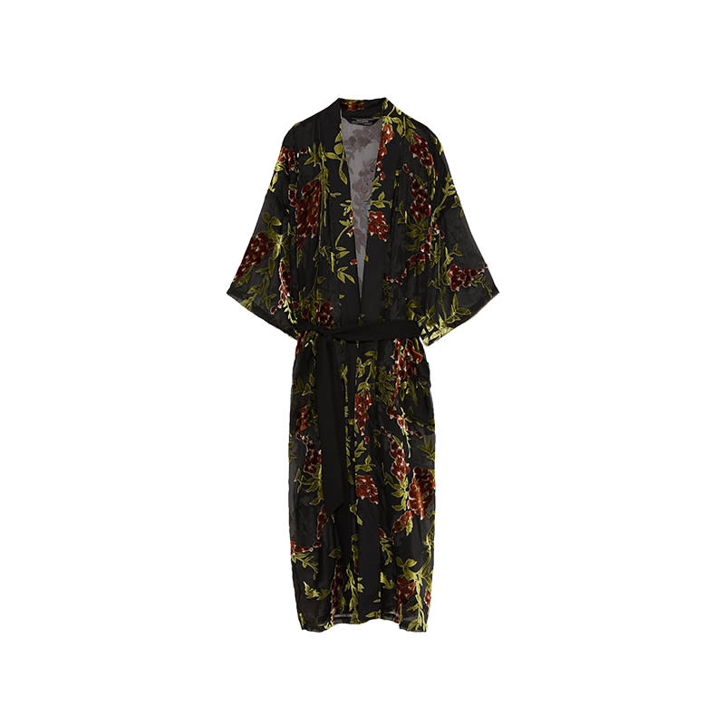 <a rel="nofollow noopener" href="https://www.zara.com/us/en/floral-velvet-kimono-p02731053.html?v1=5709520&v2=719012" target="_blank" data-ylk="slk:Floral Velvet Kimono, Zara, $100;elm:context_link;itc:0;sec:content-canvas" class="link ">Floral Velvet Kimono, Zara, $100</a><p> <strong>Related Articles</strong> <ul> <li><a rel="nofollow noopener" href="http://thezoereport.com/fashion/style-tips/box-of-style-ways-to-wear-cape-trend/?utm_source=yahoo&utm_medium=syndication" target="_blank" data-ylk="slk:The Key Styling Piece Your Wardrobe Needs;elm:context_link;itc:0;sec:content-canvas" class="link ">The Key Styling Piece Your Wardrobe Needs</a></li><li><a rel="nofollow noopener" href="http://thezoereport.com/beauty/skincare/how-to-get-rid-of-dark-circles-sleep-drink-water/?utm_source=yahoo&utm_medium=syndication" target="_blank" data-ylk="slk:How I Got Rid Of My Dark Circles In A Week;elm:context_link;itc:0;sec:content-canvas" class="link ">How I Got Rid Of My Dark Circles In A Week</a></li><li><a rel="nofollow noopener" href="http://thezoereport.com/living/wellness/pre-workout-meal-help-hinder-fitness-goals/?utm_source=yahoo&utm_medium=syndication" target="_blank" data-ylk="slk:Does A Pre-Workout Meal Help Or Hinder Your Fitness Goals?;elm:context_link;itc:0;sec:content-canvas" class="link ">Does A Pre-Workout Meal Help Or Hinder Your Fitness Goals?</a></li> </ul> </p>