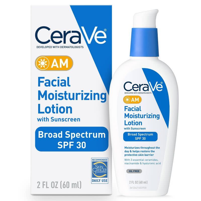 <p><a href="https://go.redirectingat.com?id=74968X1596630&url=https%3A%2F%2Fwww.target.com%2Fp%2Fcerave-face-moisturizer-with-sunscreen-am-facial-moisturizing-lotion-for-normal-to-dry-skin-spf-30%2F-%2FA-81616314&sref=https%3A%2F%2F" rel="nofollow noopener" target="_blank" data-ylk="slk:Shop Now;elm:context_link;itc:0;sec:content-canvas" class="link ">Shop Now</a></p><p>Face Moisturizer with Sunscreen</p><p>$12.29</p><p>target.com</p><span class="copyright">target.com</span>