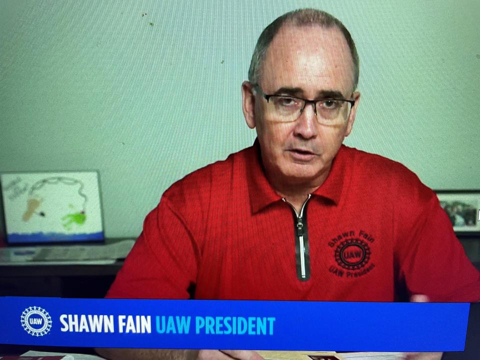 UAW President Shawn Fain speaks during a Facebook Live broadcast to members nationwide on May 24, 2023.