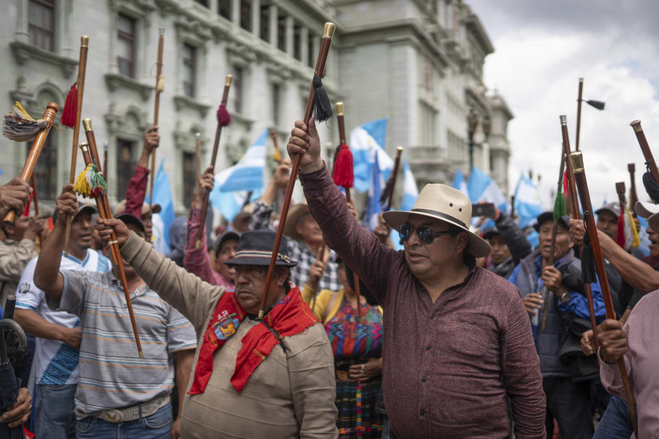Indigenous people from the western communities arrive at Constitution Square during the second day of a national strike, in Guatemala City, Tuesday, Oct. 10, 2023. People are protesting to support President-elect Bernardo Arévalo after Guatemala's highest court upheld a move by prosecutors to suspend his political party over alleged voter registration fraud. (AP Photo/Santiago Billy)