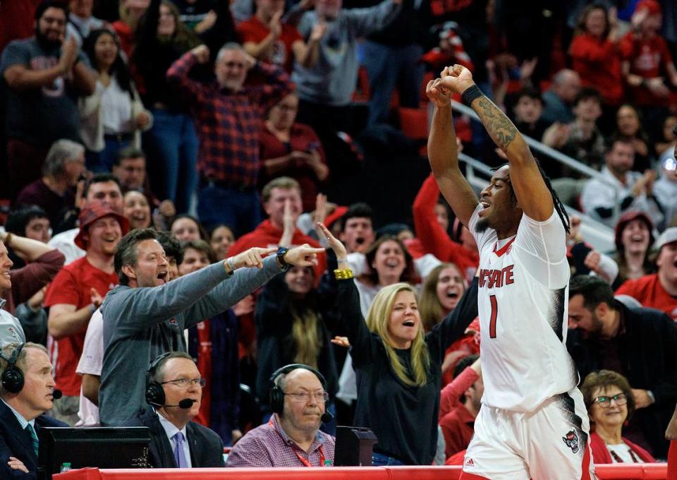 N.C. State’s Jayden Taylor reacts after forcing a turnover late in the second half of the Wolfpack’s 83-76 win over Wake Forest at PNC Arena on Tuesday, Jan. 16, 2024, in Raleigh, N.C.