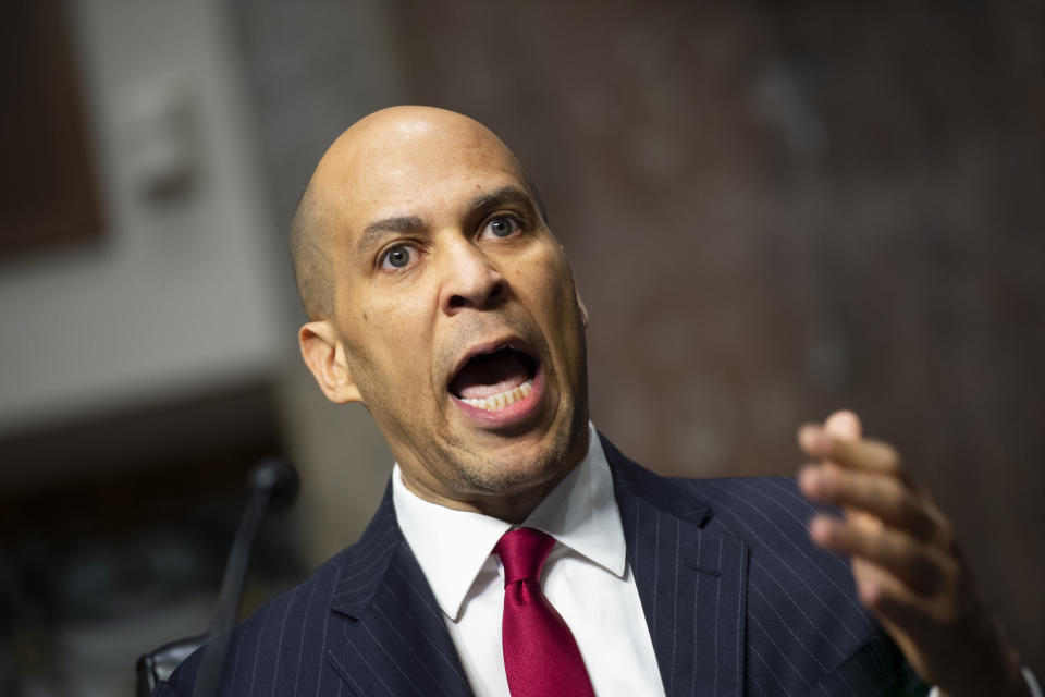 UNITED STATES - MAY 6: Sen. Cory Booker, D-N.J., speaks during a Senate Judiciary Committee nomination hearing for Justin Reed Walker to be United States Circuit Judge for the District of Columbia Circuit, on Capitol Hill in Washington on Wednesday, May 6, 2020. (Photo by Caroline Brehman/CQ-Roll Call, Inc via Getty Images)