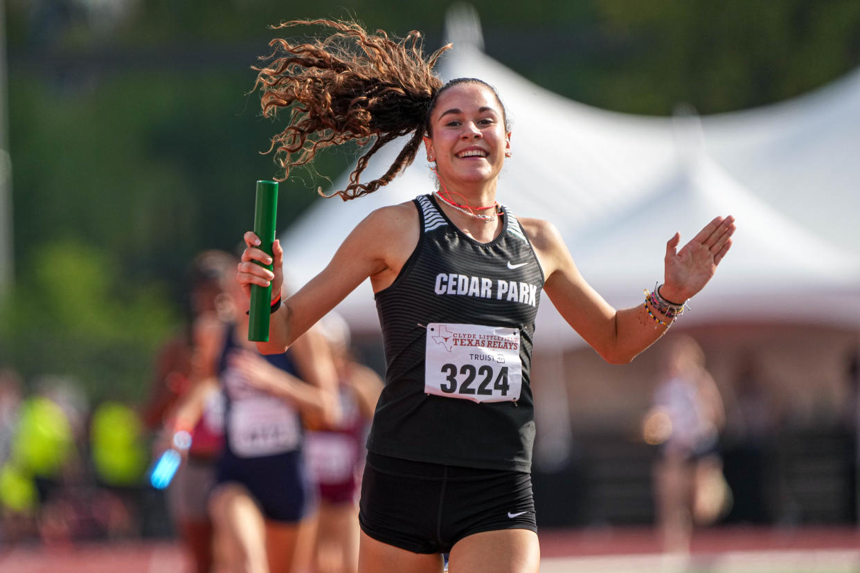 Cedar Park's Isabel Conde De Frankenberg celebrates as she crosses the finish line to win the girls 1,600 sprint medley relay Friday at the Texas Relays. It was the fastest time in the country so far in the event. "It's not just me being No. 1, it's about the whole team being No. 1 in the nation," said De Frankenburg, a cross country standout.