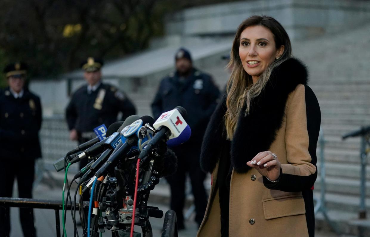 Attorney Alina Habba, lawyer for former US President Donald Trump, speaks to members of the media outside the New York State Supreme Court during Trump's civil fraud trial New York City on November 8, 2023. A US judge ordered Trump on February 16, 2024 to pay nearly $355 million after finding him liable for fraud and banned him from running businesses in New York state for three years.