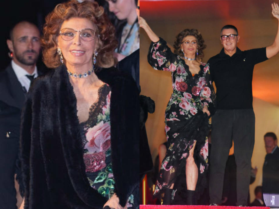 Sophia Loren stunned in a flirty floral gown at the Dolce& Gabbana Alta Moda show on Thursday. <em>(Getty Images)</em>