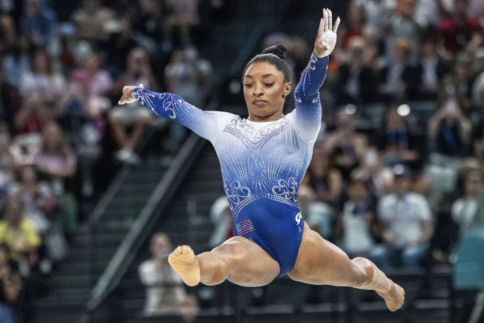 Simone Biles during her beam routine at the 2024 Olympics