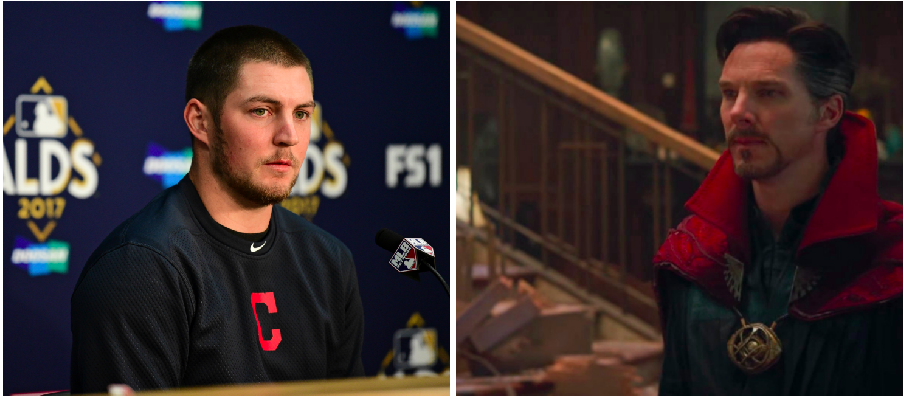 Let’s face it, if an MLB player is going to start talking about other worlds, it’s going to be Trevor Bauer. (Photos via AP and Marvel)