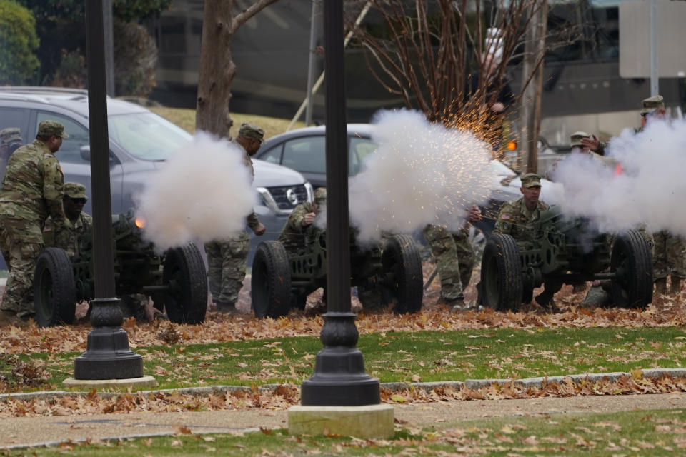 Members of the Mississippi Army National Guard fire a 19-gun-salute during the inauguration of Mississippi Gov. Tate Reeves at the Mississippi State Capitol in Jackson, Miss., Tuesday, Jan. 9, 2024. (AP Photo/Rogelio V. Solis)