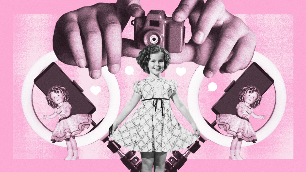  Photo collage of Shirley Temple as a child, surrounded by phones and ring lights, with Shirley Temple dolls to the side. Above her looms a pair of adult hands holding a toy camera. 