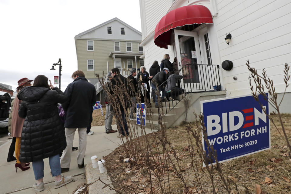 People make their way into a campaign event for Democratic presidential candidate former Vice President Joe Biden, Wednesday, Feb. 5, 2020, in Somersworth, N.H. (Elise Amendola/AP)