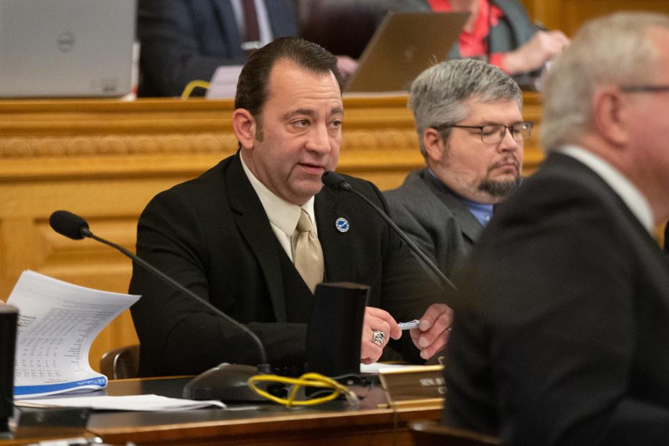 Rep. Troy Waymaster, R-Bunker Hill, chair of the House Appropriations Committee, considers specifics of education spending proposed by Gov. Laura Kelly during Thursday's budget hearing.