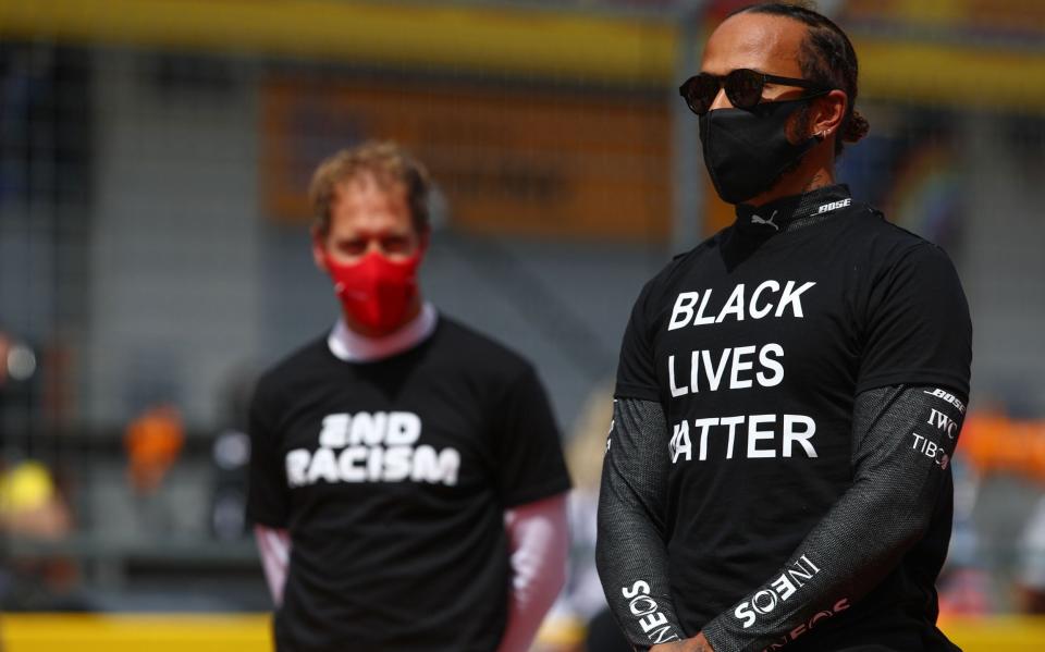 Lewis Hamilton takes part in an anti-racism protest - Lewis Hamilton refuses to be silenced in FIA political statement row - Mark Thompson/AFP