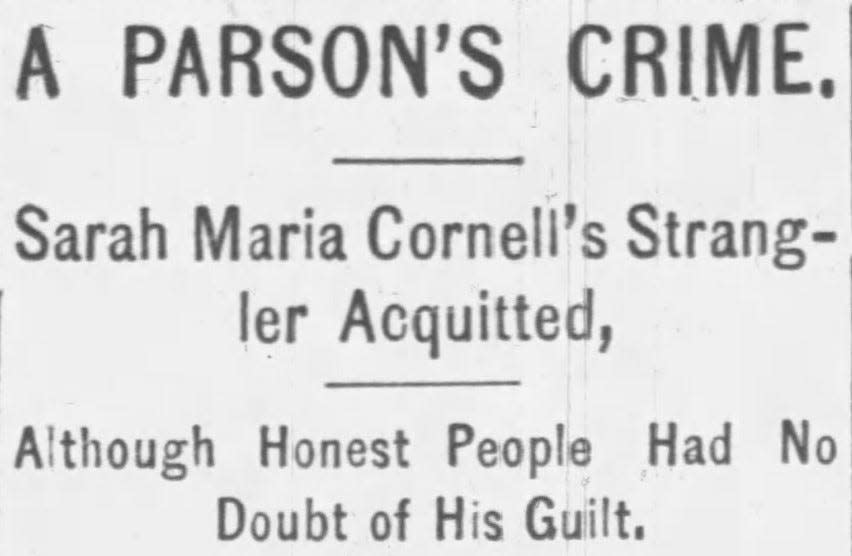 A headline from the Fall River Globe of 1893 looks at the death of Sarah Maria Cornell in 1832.