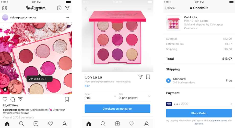 Screenshots of the Checkout process on Instagram for someone buying makeup.