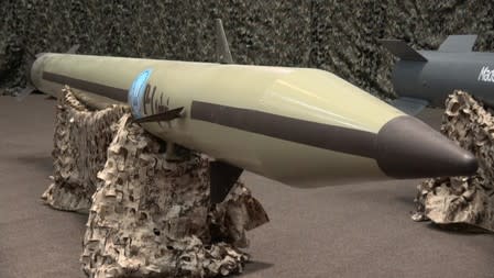 Missiles are seen on display at an exhibition at an unidentified location in Yemen in this undated handout photo released by the Houthi Media Office