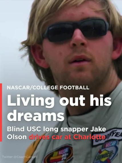 Jake Olson, USC's blind long snapper, got to drive a car at Charlotte Motor Speedway