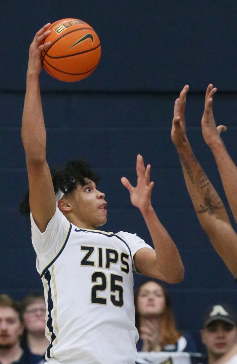 University of Akron forward Enrique Freeman prepares to take a shot against Kent State University during a MAC men's basketball game at James A. Rhodes Arena in Akron on Friday, Feb. 3, 2023.