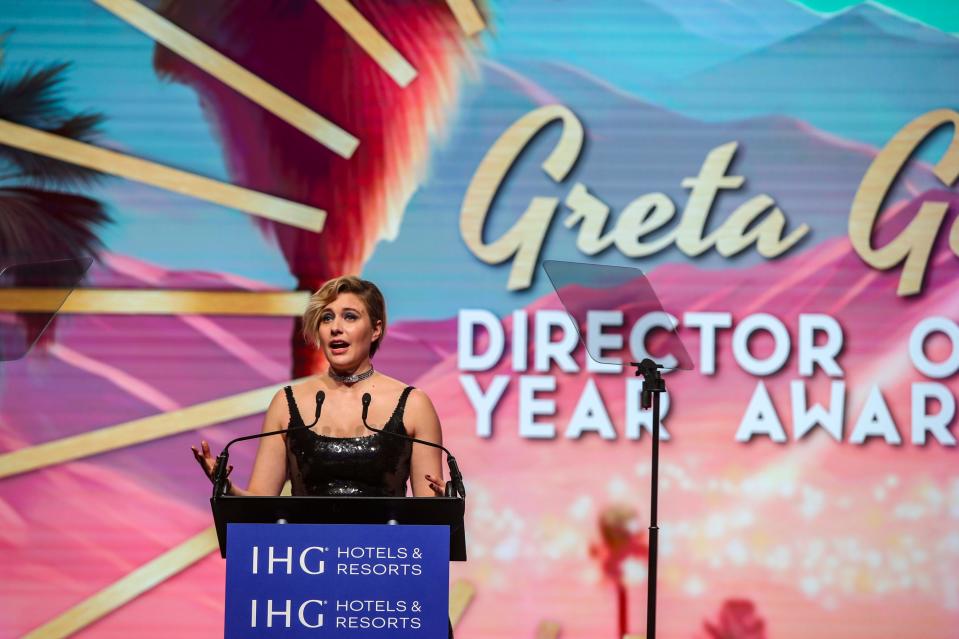 Director of the Year Greta Gerwig accepts her award during the Palm Springs International Film Awards in Palm Springs, Calif., Thursday, Jan. 4, 2024.