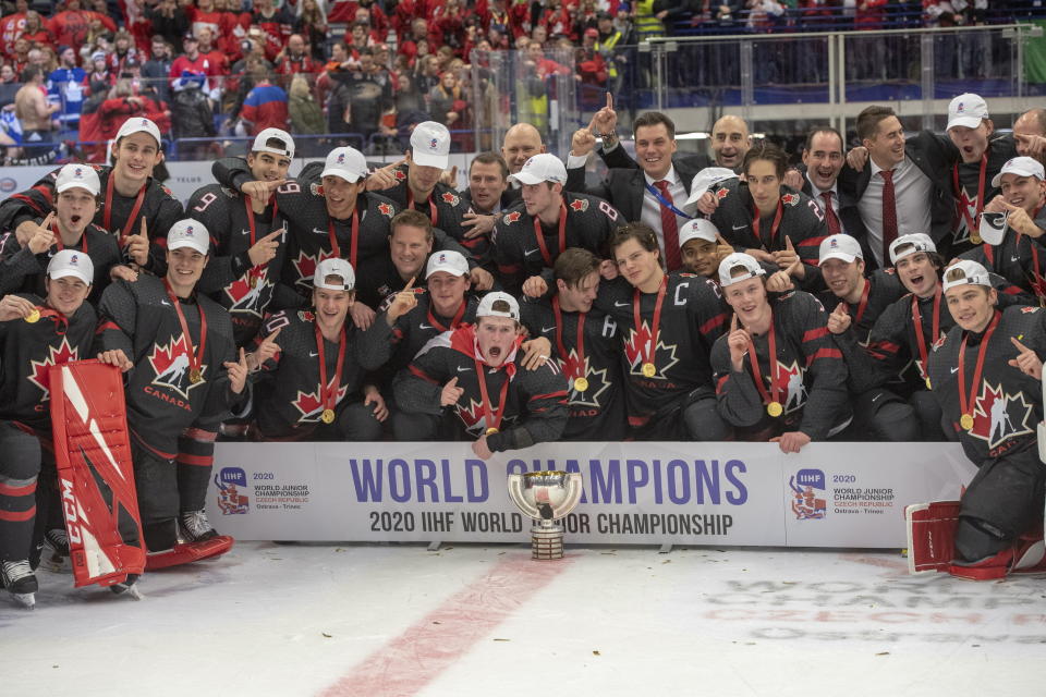 Team Canada celebrates after defeating Russia in the gold medal game at the World Junior Hockey Championships, Sunday, Jan. 5, 2020, in Ostrava, Czech Republic. (Ryan Remiorz/The Canadian Press via AP)