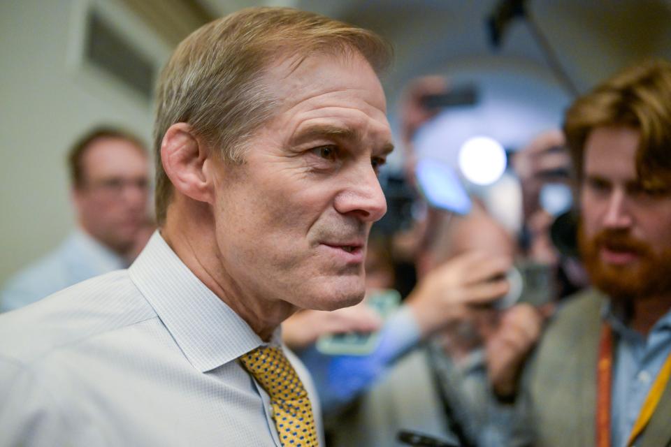 Rep. Jim Jordan, R-Ohio, chairman of the House Judiciary Committee talks to reporters at the U.S. Capitol. House lawmakers held a vote to elect a new speaker in Washington on Tuesday, Oct. 17, 2023.