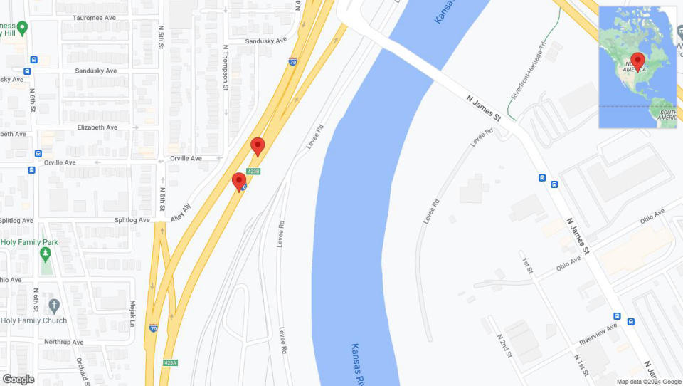 A detailed map that shows the affected road due to 'Broken down vehicle on eastbound I-70 in Kansas City' on July 22nd at 10:51 p.m.