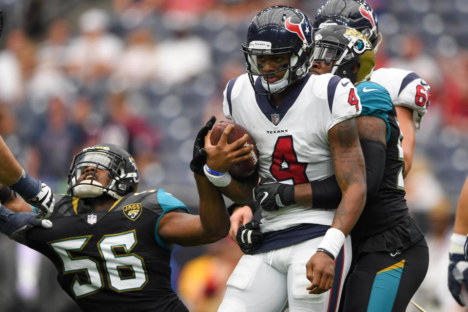 The Texans continue to spiral out of control, and a minus-5 turnover ratio isn't helping matters for Bill O'Brien. Jacksonville has given up 30-plus points in their last three losses, but they find a way to pull the upset on the road in a shootout.