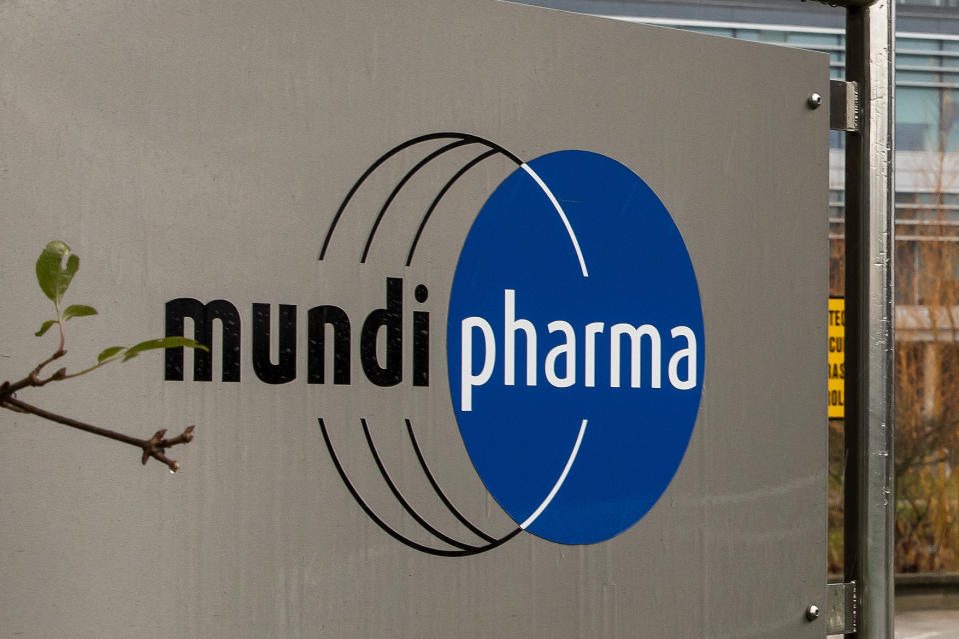 This Dec. 12, 2019, photo shows a sign at the Mundipharma International headquarters at Cambridge Science Park in England. Mundipharma is the international affiliate of Purdue Pharma, the maker of the blockbuster painkiller OxyContin. Mundipharma is now marketing Nyxoid, a new brand of naloxone, an opioid overdose reversal medication. (AP Photo/Leila Coker)