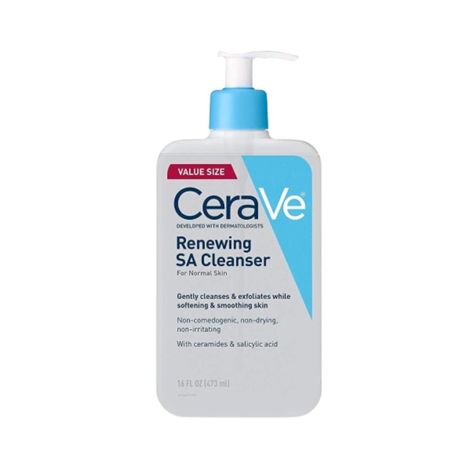 a blue and white bottle of CeraVe acne face wash 