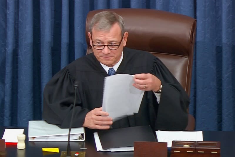 U.S. Supreme Court Chief Justice Roberts presides during impeachment trial of President Trump at the U.S. Capitol in Washington