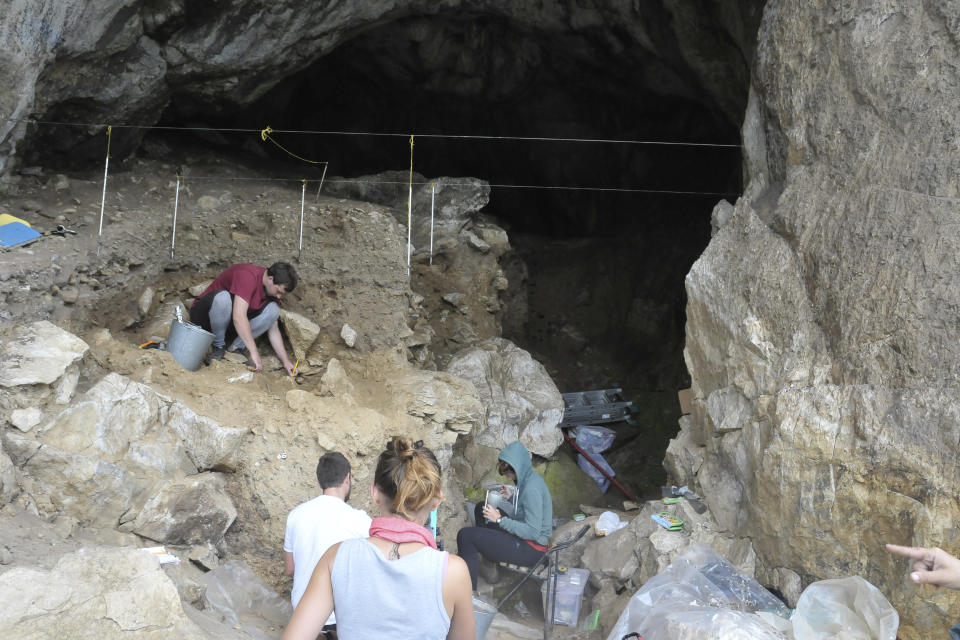 In this photo provided by Bence Viola in October 2022, researchers excavate a cave in the mountains of Siberia, Russia. In a study published Wednesday, Oct. 19, 2022, in the journal Nature, researchers were able to pull DNA out of tiny bone fragments found in two Russian caves, and used the genetic data to map out relationships between 13 different Neanderthals for clues to how they lived. (Bence Viola via AP)