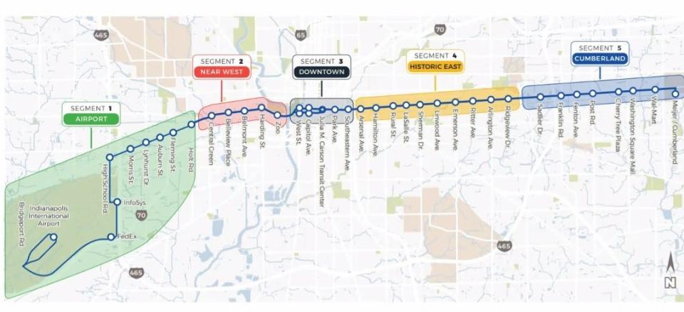 The map of the planned Blue Line, IndyGo's third bus rapid transit line, as of December 2021. Segment 1 was officially removed in October 2022.