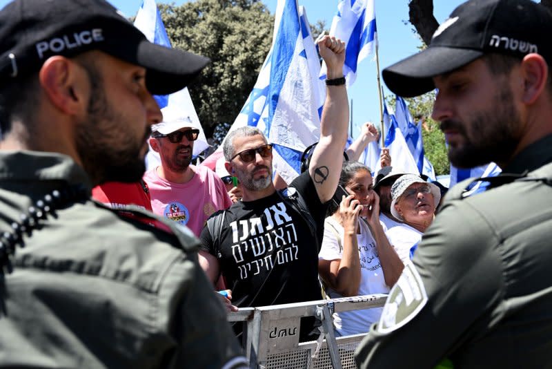 Israeli police reported 34 arrests by late Monday as tens of thousands of protesters responded to what they called a blow to the country's democracy. Photo by Debbie Hill/ UPI