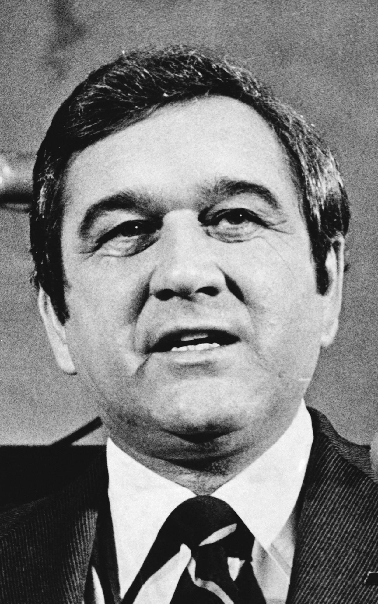 FILE - In this Jan. 11, 1979, file photo, Tennessee Gov. Ray Blanton appears before a joint session to give his final State of the State message in Nashville before leaving office on Jan. 20. Law enforcement officials announced Wednesday, June 9, 20201, the closing a 42-year-old cold case of Samuel Pettyjohn, a Chattanooga businessman who was shot and killed in 1979 in a contract killing that former Gov. Ray Blanton's administration helped pay for. (AP Photo/File)