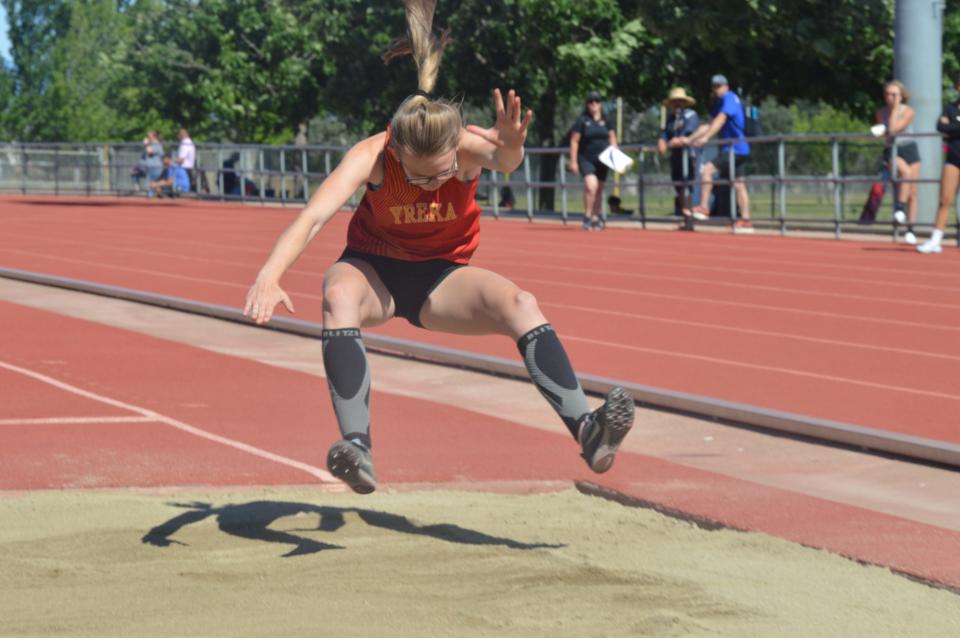 Yreka sophomore Mattie Whipple performs the triple jump at the CIF Northern Section Track and Field Championships at West Valley High School on Friday, May 20, 2022.