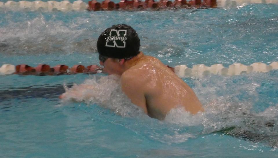 Northridge junior Travis Allen swims the 100 breaststroke during a quad against Granville, Watkins Memorial and Johnstown at New Albany on Saturday, Jan. 28, 2023.