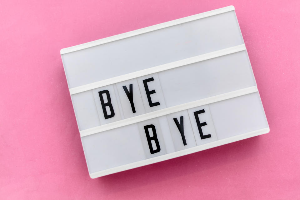 Pictured: Words 'bye bye' on pink background, suggesting a worker quitting a job. Image: Getty