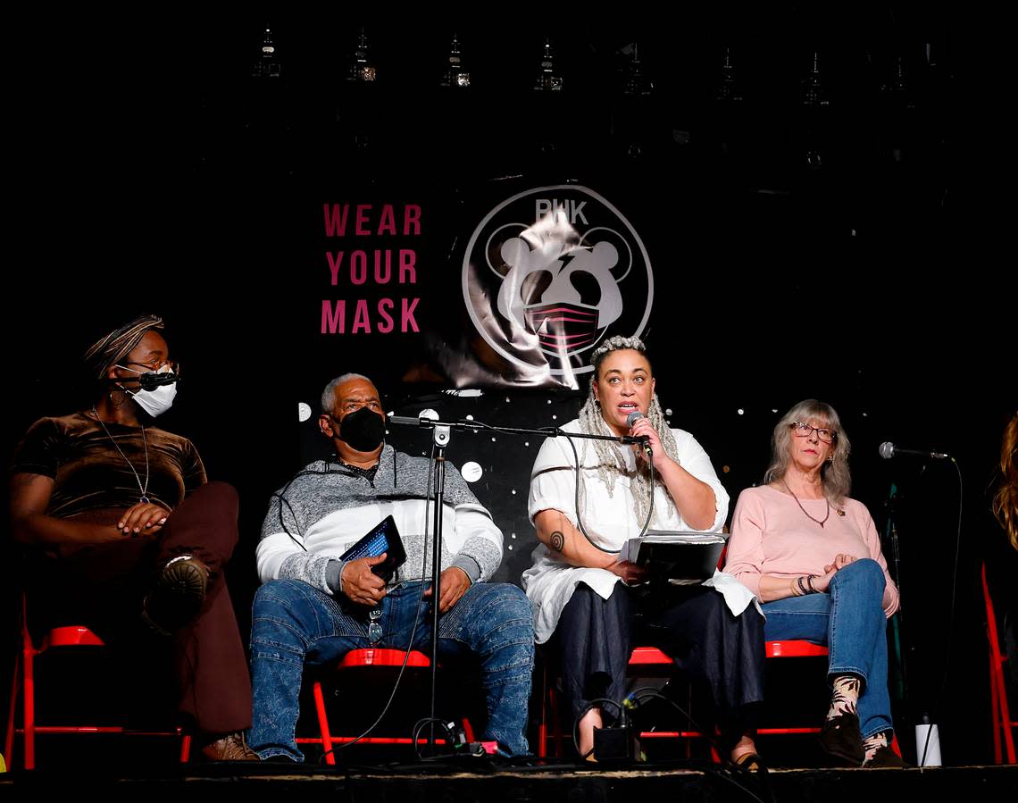 Serena Sebring speaks during a press conference in which community advocates addressed the Dec. 3 drag show in Southern Pines, N.C. and the power outage in Moore County. Kaitlin McKeown/kmckeown@newsobserver.com