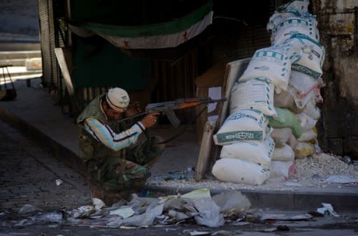 A member of the Free Syrian Army (FSA) reacts after incoming fire hits near to his position in the Old City of the northern Syrian city of Aleppo, on August 21, 2012. French Defence Minister Jean-Yves Le Drian has warned that shutting all of Syria's air space would mean "going to war" and would require a willing international coalition that has not yet materialized