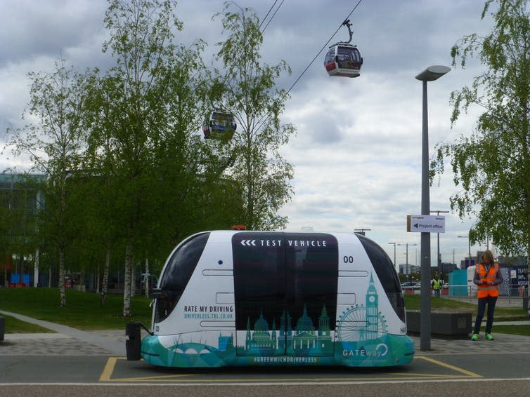 <span class="caption">The Gateway autonomous pod, trialled in Greenwich, London.</span> <span class="attribution"><a class="link " href="https://www.flickr.com/photos/citytransportinfo/34014665586/sizes/l" rel="nofollow noopener" target="_blank" data-ylk="slk:citytransportinfo/Flickr;elm:context_link;itc:0;sec:content-canvas">citytransportinfo/Flickr</a>, <a class="link " href="http://creativecommons.org/licenses/by/4.0/" rel="nofollow noopener" target="_blank" data-ylk="slk:CC BY;elm:context_link;itc:0;sec:content-canvas">CC BY</a></span>