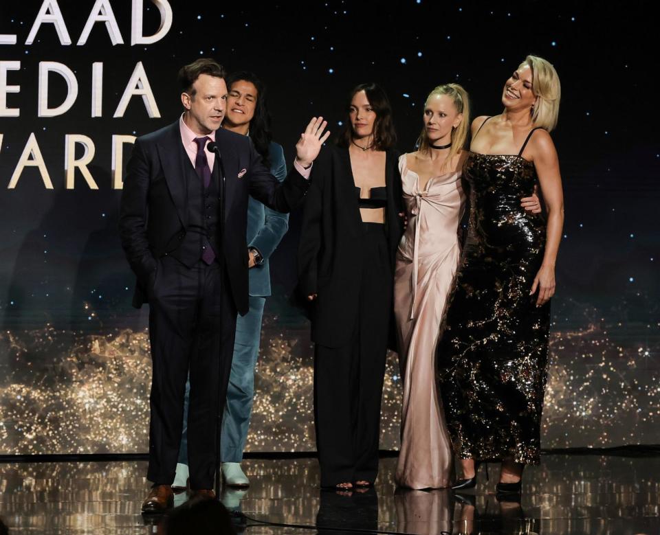 PHOTO: Jason Sudeikis, Cristo Fernandez, Jodi Balfour, Juno Temple, and Hannah Waddingham accept the Outstanding Comedy Series Award for 'Ted Lasso' during the 35th annual GLAAD Media Awards at The Beverly Hilton on March 14, 2024 in Beverly Hills, Calif. (Kevin Winter/Getty Images)