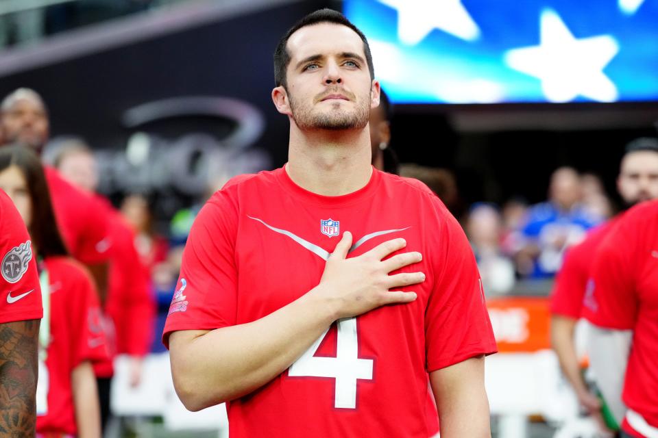LAS VEGAS, NEVADA - FEBRUARY 05: Derek Carr of the Las Vegas Raiders and AFC looks on during the national anthem during the 2023 NFL Pro Bowl Games at Allegiant Stadium on February 05, 2023 in Las Vegas, Nevada.
