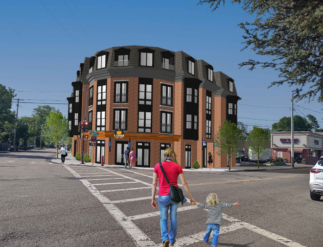 A rendering of a four-story condominium building proposed for 10 Independence Ave. in Quincy, across the street from the John Adams and John Quincy Adams birthplaces. An autobody shop currently occupies the site.
