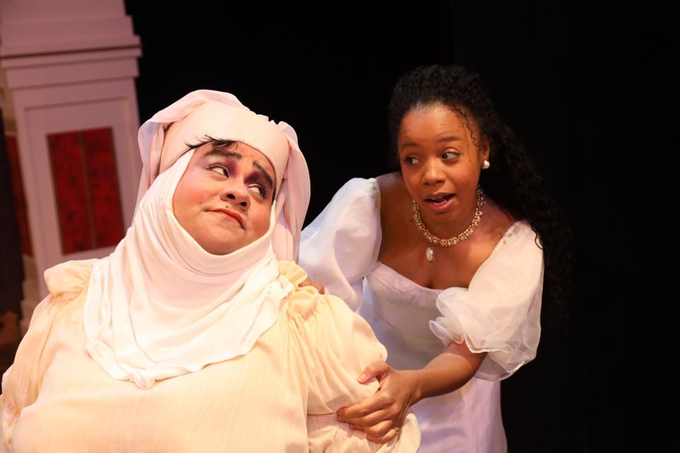 Jonathan Acosta as the Nurse and Ashley McCauley Moore as Juliet in the FSU/Asolo Conservatory production of “Romeo and Juliet.”