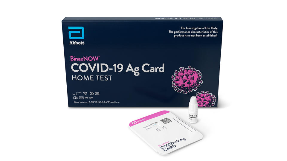 This image provided by Abbott Laboratories show the company's BinaxNOW Ag Card COVID-19 home test. The Food and Drug Administration on Wednesday, Dec. 16, 2020, authorized home use of the credit-card size test made by Abbott Laboratories. The company says it will sell the test kit for $25 online and plans to ship 30 million in the U.S. by the end of March next year. No prescription is required. (Abbott Laboratories via AP)