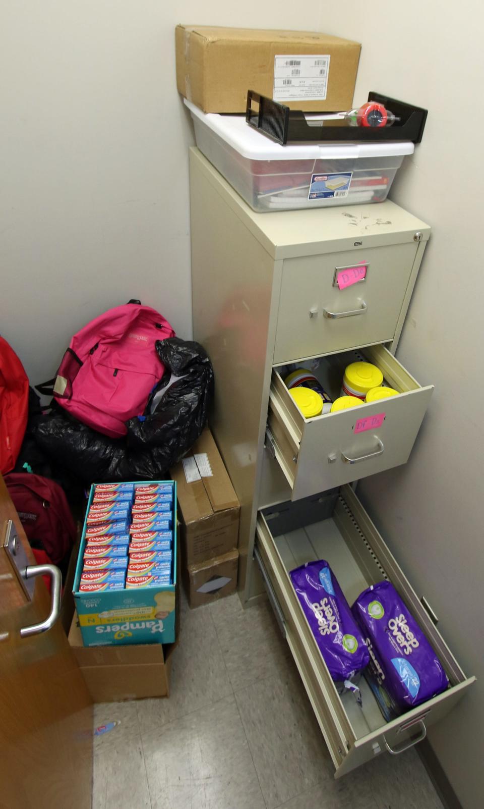 The supply closet with items for the essential needs thrift store for Haitian refugees at the Gaston County Department of Social Services.