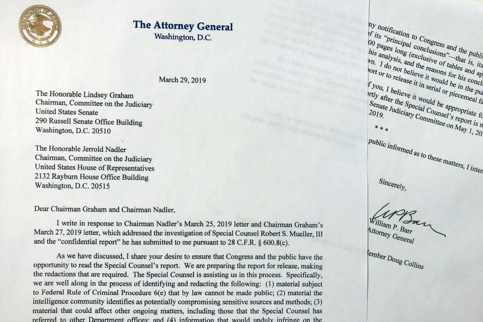 The letter that Attorney General William Barr sent to Congress on Friday, March 29, 2019, is photographed in Washington. Barr told Congress to expect a version of special counsel's Russia report by mid-April. (AP Photo/Wayne Partlow)