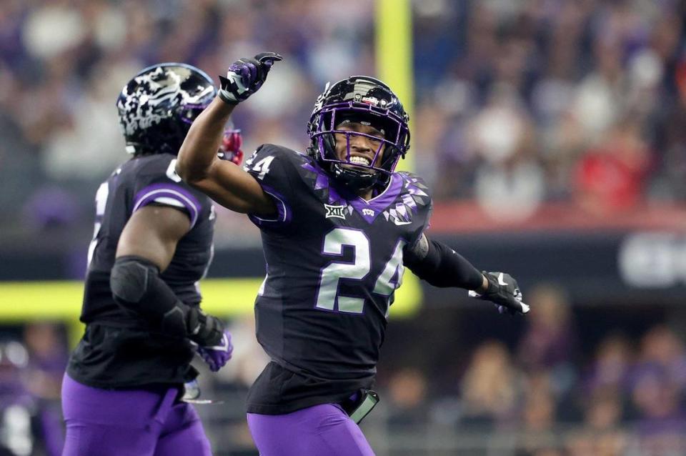 TCU cornerback Josh Newton celebrates during the 2022 Dr. Pepper Big 12 Championship against Kansas State in 2022.